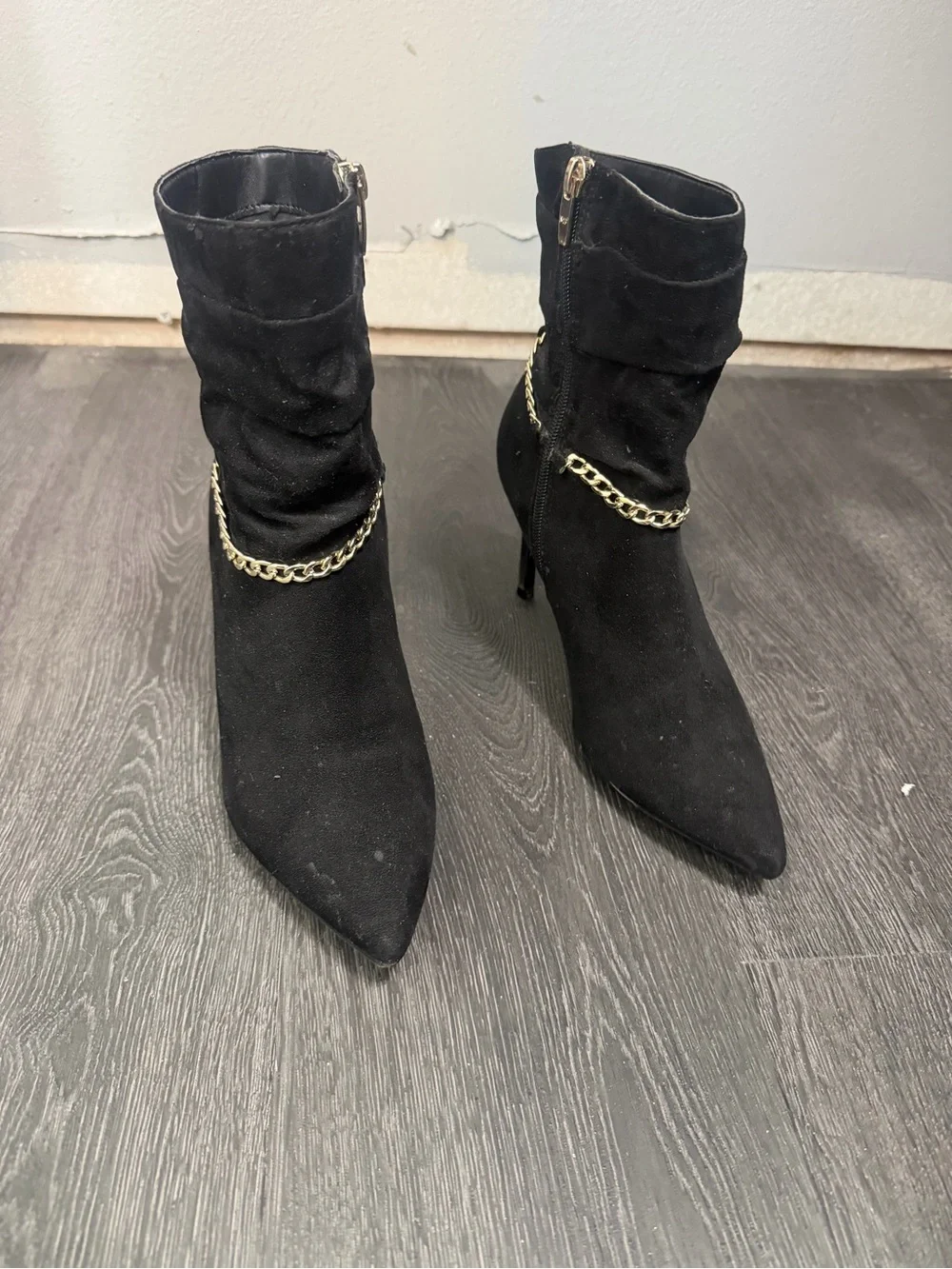 Marc Fisher Black Suede Pointed Ankle Booties with Gold Chain Accent